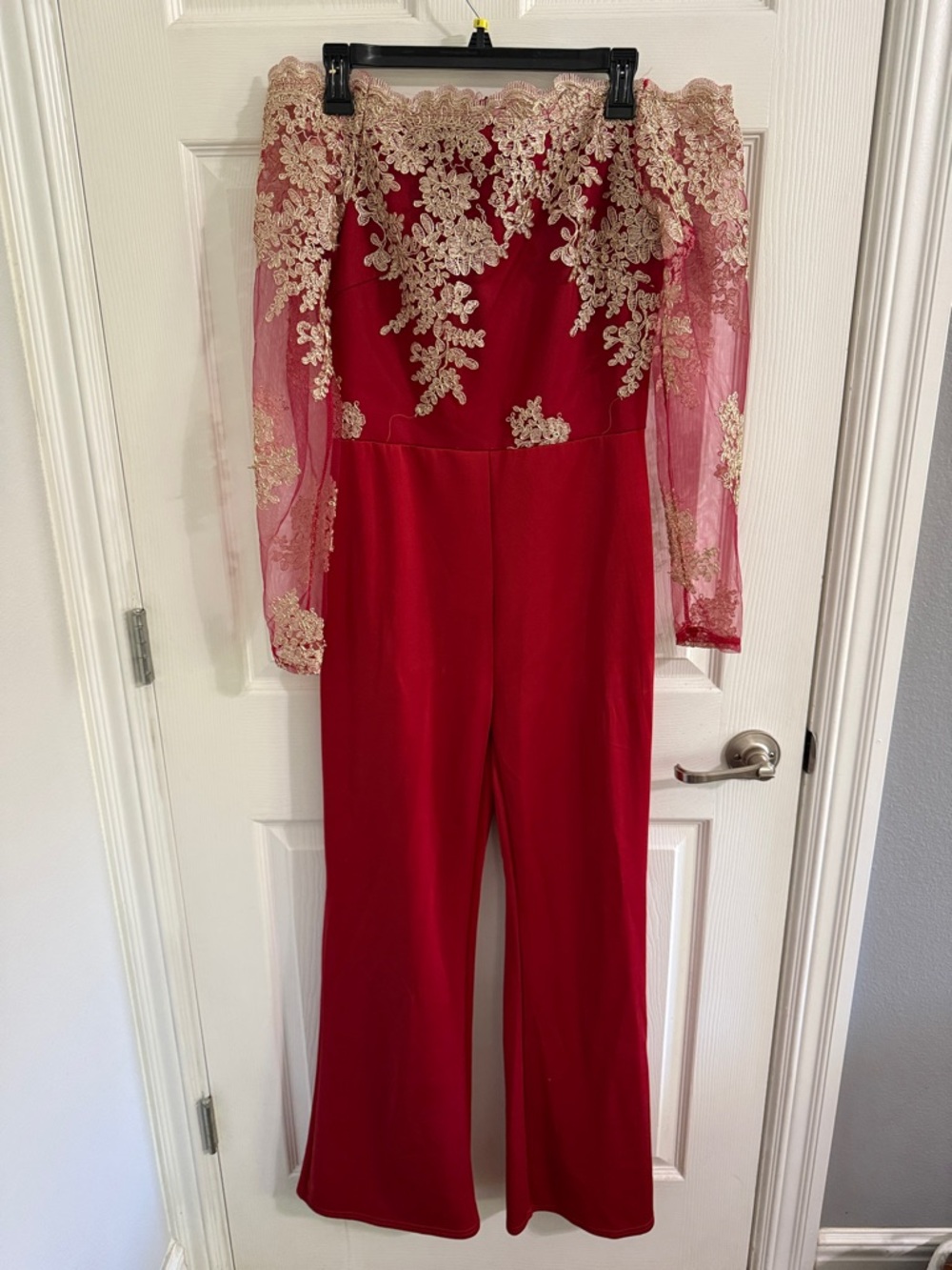 Red Lace-Trim Off-Shoulder Jumpsuit